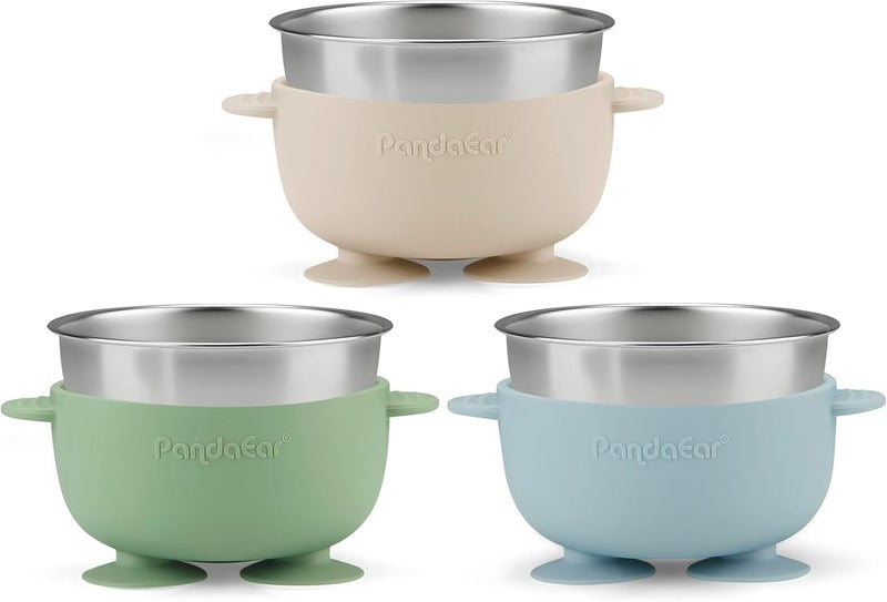 PandaEar 3 Pack Stainless Steel Baby Suction Bowls, Non-Slip Child Food Bowl with Silicone Sleeve for Kids Toddlers Infants, Unbreakable & Mess Free (Blue Green Brown) - Image 4